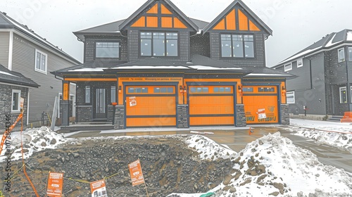 A house with orange garage doors and a sign that says 