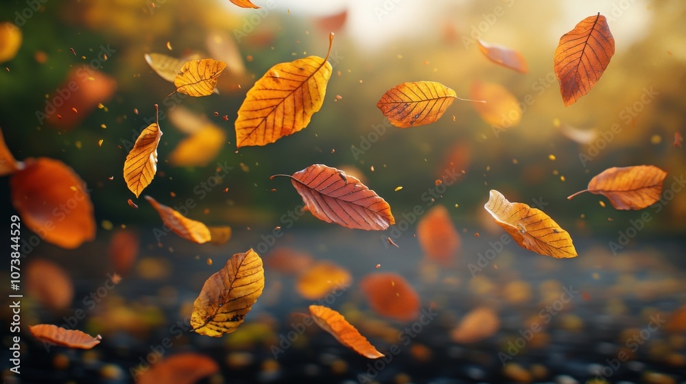 Colorful autumn leaves floating gracefully in the air on a sunny day, creating a warm and inviting atmosphere. Colorful autumn leaves floating gracefully in the air on a sunny day, creating a warm and inviting atmosphere.
