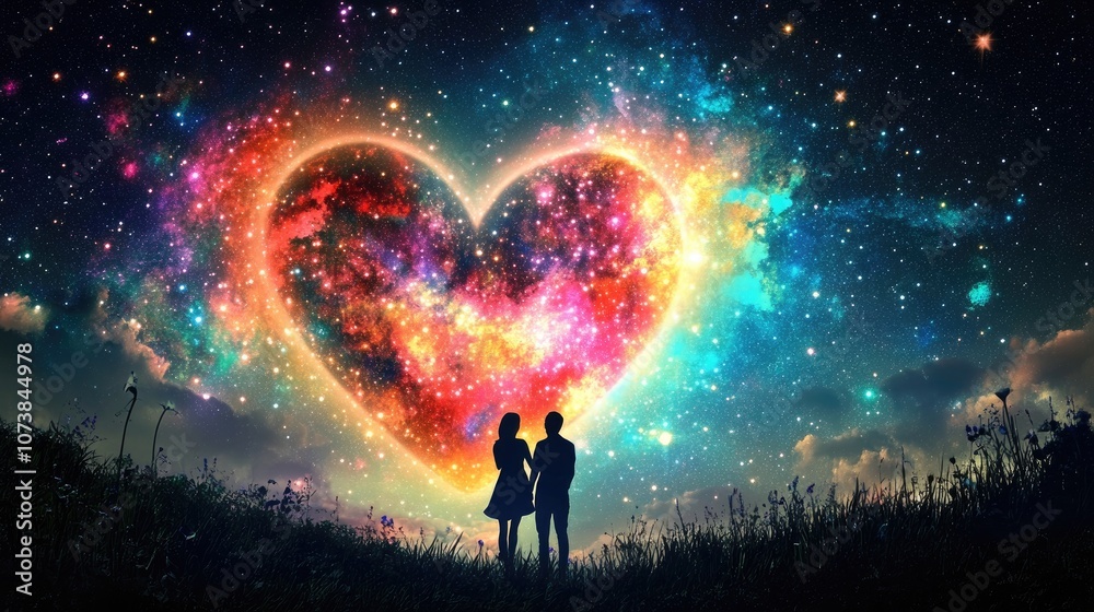 Couple Embracing Cosmic Love Under a Vibrant Galaxy Heart in Starry Sky Couple Embracing Cosmic Love Under a Vibrant Galaxy Heart in Starry Sky