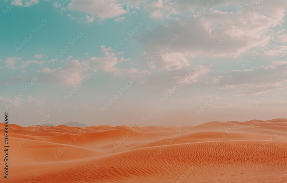Naklejka premium Photograph of an Endless Desert with Sand Ripples and a Dramatic Cloudy Sky