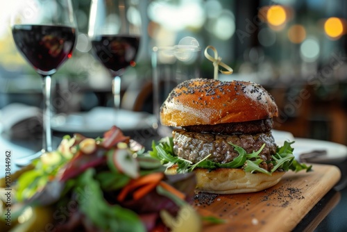 Delicious gourmet burger with salad and red wine served on a wooden board