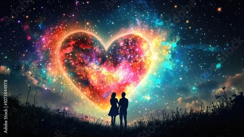 Couple Embracing Cosmic Love Under a Vibrant Galaxy Heart in Starry Sky