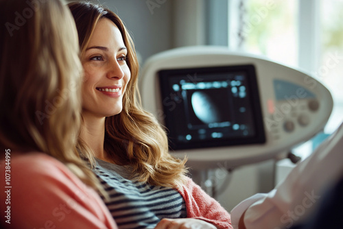 A surrogate mother undergoing a routine check-up at a fertility clinic. scene shows the woman, visibly pregnant, lying on an examination table while a doctor or nurse performs a standard procedure photo