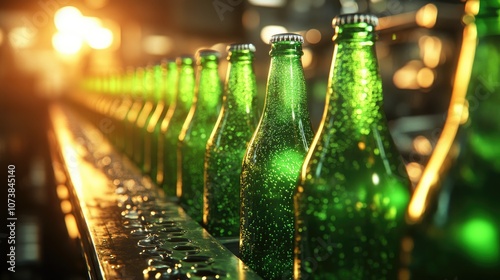 Green Glass Bottles on Conveyor Belt in Beverage Manufacturing Facility photo