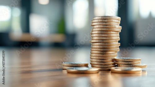 Realistic Stack of Coins with Financial Context in Modern Office Space, Representing Concepts of Tax, Management, and Investment Strategy for Budgeting and Planning