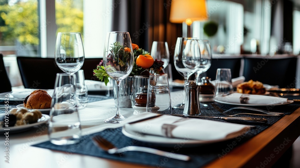 Elegant Table Setting in Sunlit Restaurant with Glassware and Tableware Elegant Table Setting in Sunlit Restaurant with Glassware and Tableware