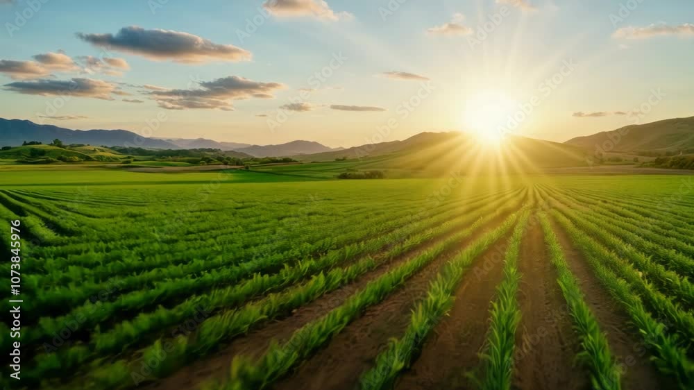 Aerial views of lush green fields in a tranquil rural landscape during early morning hours Aerial views of lush green fields in a tranquil rural landscape during early morning hours