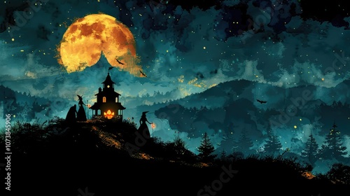 Spooky Halloween night with a haunted house under a glowing moonlight