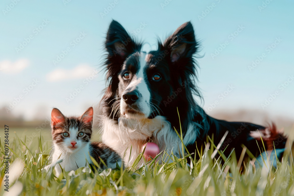 A kitten and a dog, enjoying each other's company, relax in a lush green field under a bright blue sky, showcasing their playful bond amidst nature's beauty A kitten and a dog, enjoying each other's company, relax in a lush green field under a bright blue sky, showcasing their playful bond amidst nature's beauty