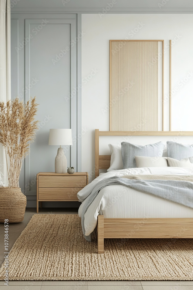 Create a picture of a Scandinavian bedroom with a minimalist Scandinavian vibe, a wide shot to capture the entire room, with white painted wooden furniture, a soft woven rug floor and a predominantly Create a picture of a Scandinavian bedroom with a minimalist Scandinavian vibe, a wide shot to capture the entire room, with white painted wooden furniture, a soft woven rug floor and a predominantly