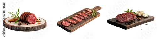 Set of A Sliced smoked salami with spices on a wooden board, isolated against , isolated on a transparent background, cutout