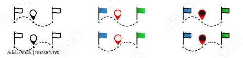 Simple journey to the goal symbol. Navigation goal with marker and flags. Isolated graphic illustration route map. Tour sign. Journey set icon in vector design style