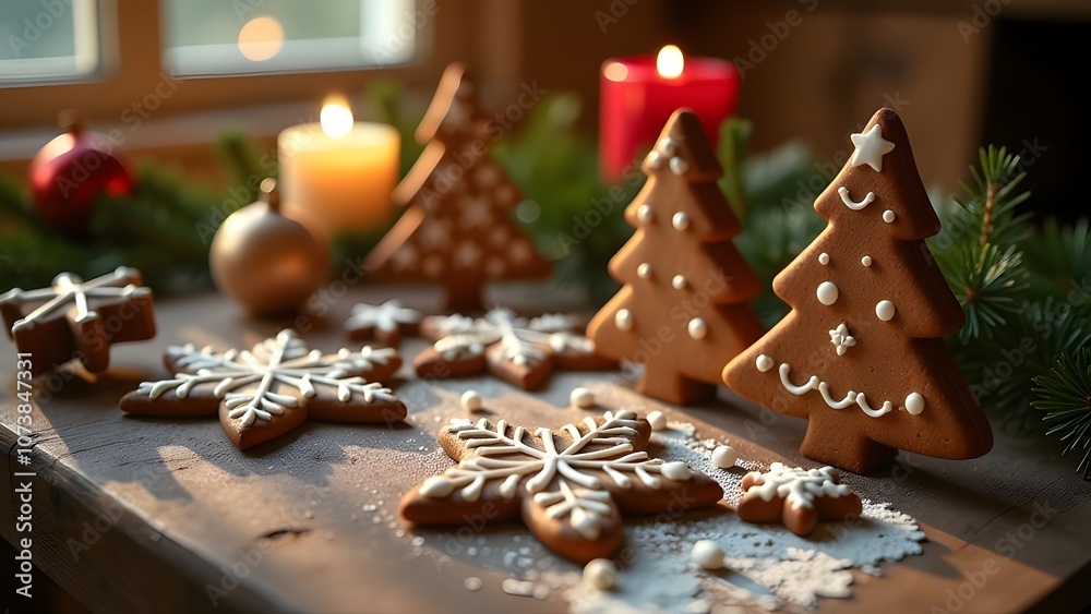 On a beautifully decorated table in front of a large window, there are delightful Christmas cookies alongside flickering candles, creating a warm atmosphere