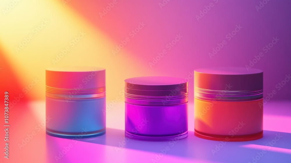 Three vibrant cosmetic jars in gradient colors, set against a colorful background that creates a relaxing atmosphere. Three vibrant cosmetic jars in gradient colors, set against a colorful background that creates a relaxing atmosphere.