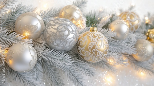 Christmas Decoration with Sparkling Baubles and Lights on Pine Branches