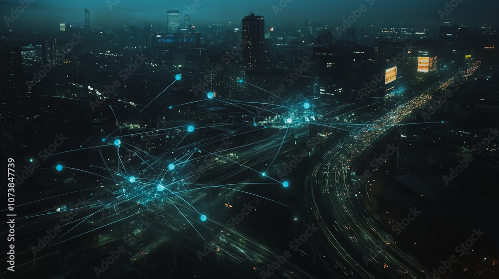 Fototapeta premium Smart digital Innovation city Business skyscrapers in the Financial District with connection network reciprocity over the cityscape at night time of future smart wireless social media networking