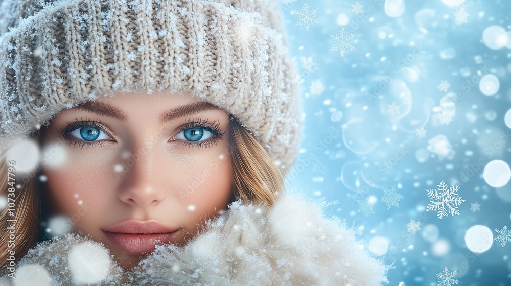 Portrait of a Woman with Snow-Covered Hat and Frosty Background Portrait of a Woman with Snow-Covered Hat and Frosty Background