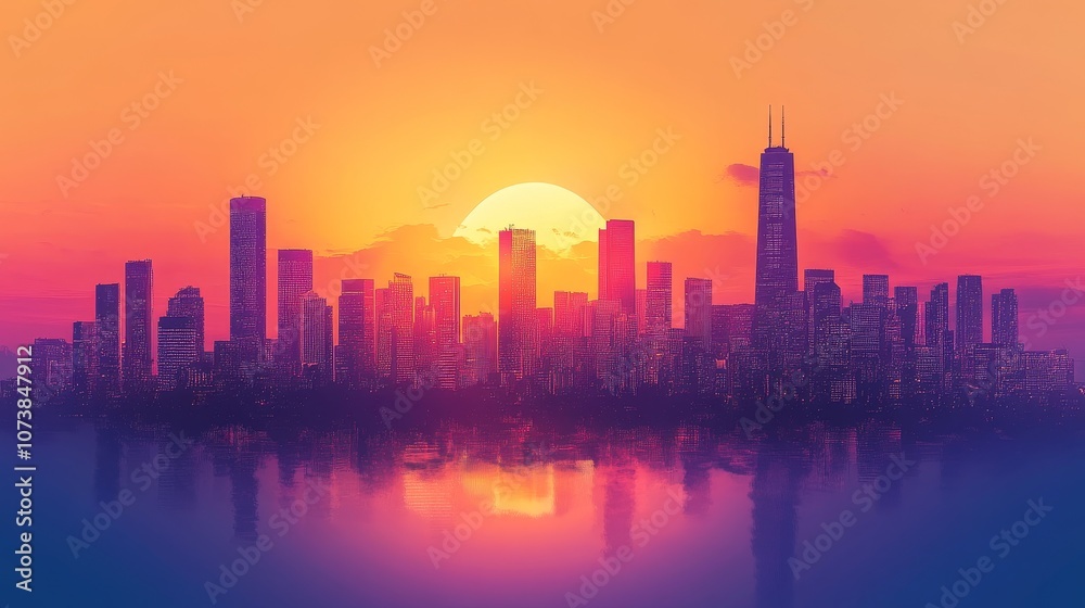 Fototapeta premium A breathtaking view of a vibrant sunset over a city skyline, reflected in calm waters with a mixture of warm and cool colors creating a serene ambiance.