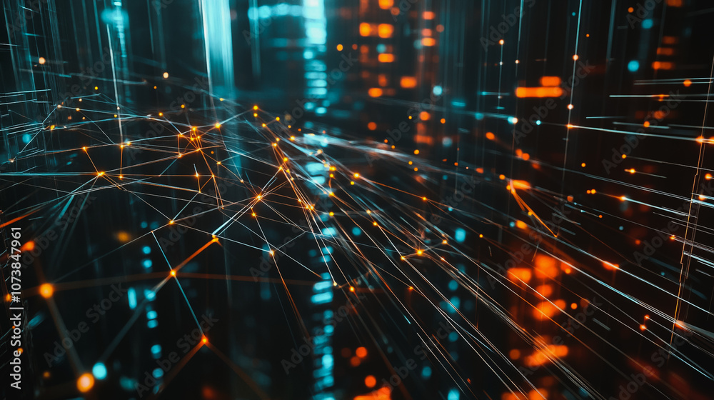 Fototapeta premium Smart digital Innovation city Business skyscrapers in the Financial District with connection network reciprocity over the cityscape at night time of future smart wireless social media networking 