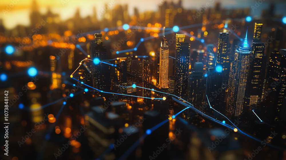 Smart digital Innovation city Business skyscrapers in the Financial District with connection network reciprocity over the cityscape at night time of future smart wireless social media networking Smart digital Innovation city Business skyscrapers in the Financial District with connection network reciprocity over the cityscape at night time of future smart wireless social media networking