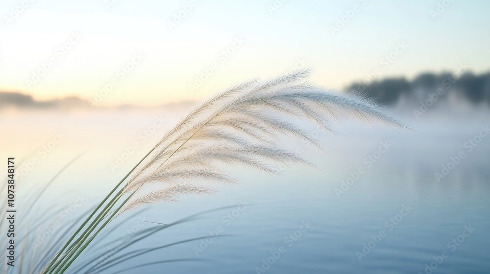 Delicate blades of grass sway gently by the serene waters at dawn, creating a tranquil and soft ambiance. Delicate blades of grass sway gently by the serene waters at dawn, creating a tranquil and soft ambiance.