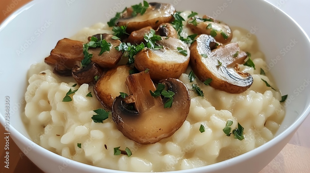 delicious risotto with fried mushrooms and parsley delicious risotto with fried mushrooms and parsley