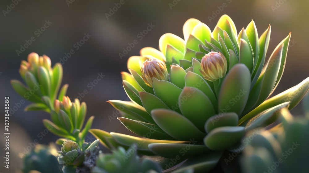 Fototapeta premium Lush green succulent with vibrant blooms, illuminated by soft sunlight, creating a serene and tranquil atmosphere.