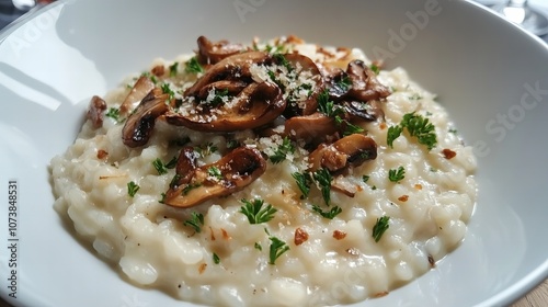 delicious risotto with fried mushrooms and parsley