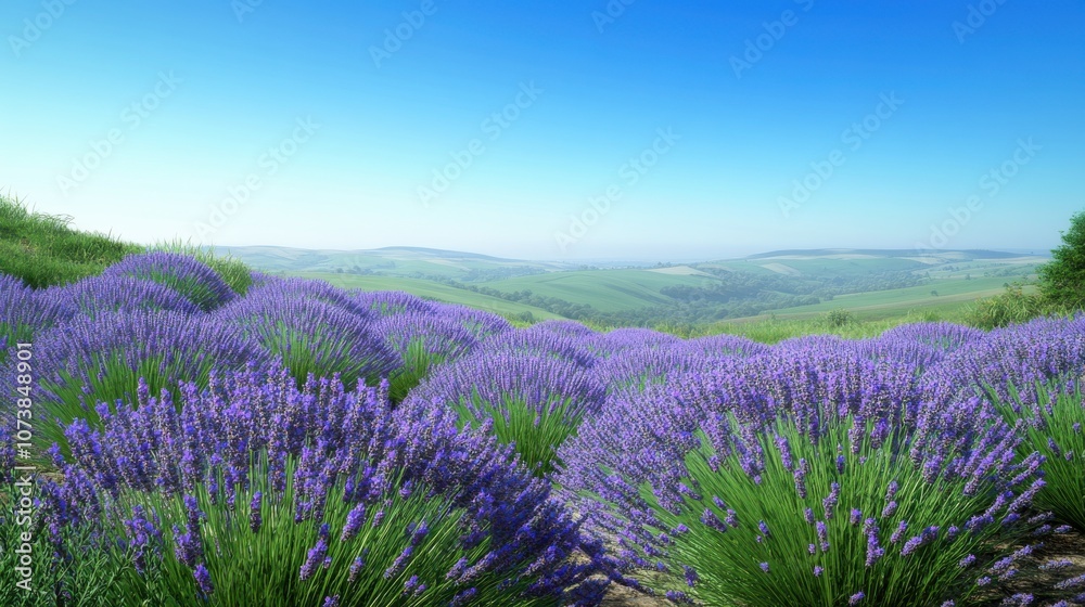 Obraz premium Vibrant fields of lavender in full bloom, showcasing a serene landscape under a clear blue sky.