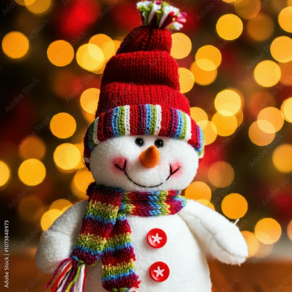 Smiling snowman plush toy, colorful knit hat and scarf, Christmas sweater, festive bokeh lights background, warm glowing atmosphere, close-up portrait, holiday cheer, cozy winter scene, soft focus, vi