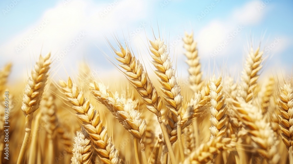Close-up of golden wheat stalks swaying gently in a bright, sunny field under a blue sky. Close-up of golden wheat stalks swaying gently in a bright, sunny field under a blue sky.