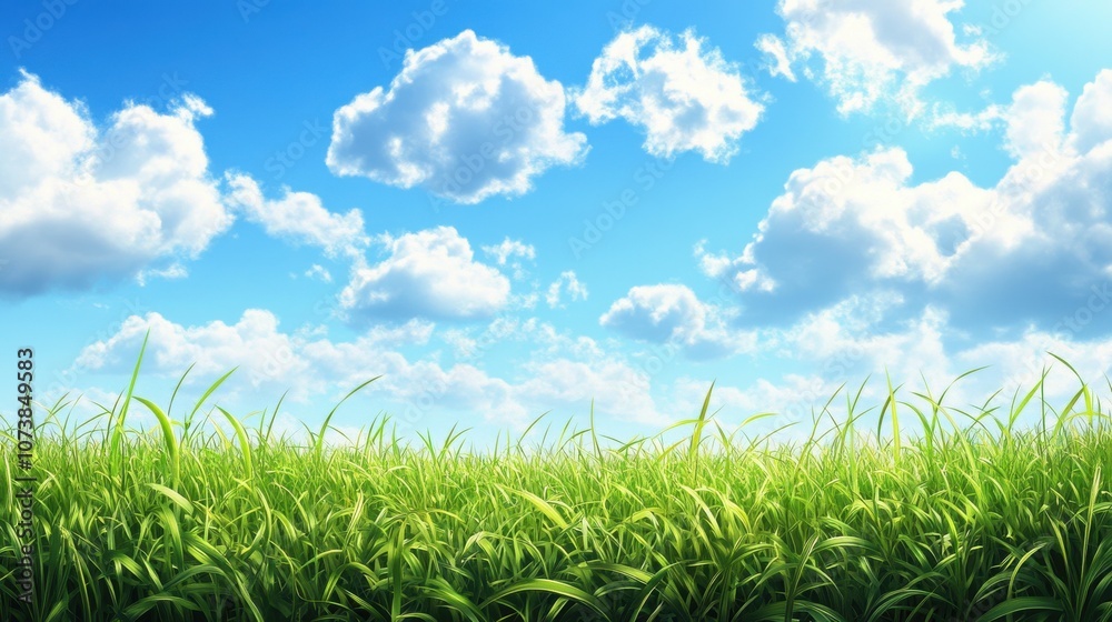 Fototapeta premium Lush green grass under a bright blue sky filled with fluffy white clouds.