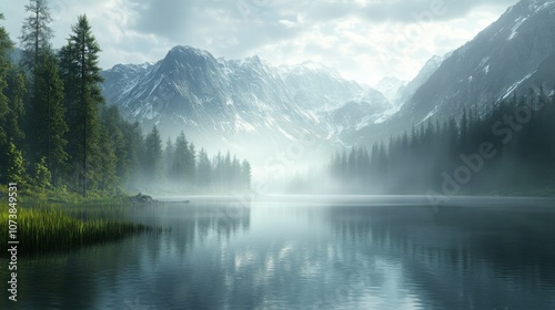 A serene mountain landscape featuring misty forests and a tranquil lake under cloudy skies.