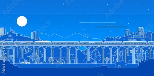 An Aqueduct with a Train, Airport, and City at Night Background


 photo