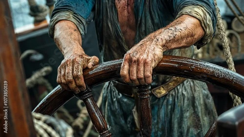 Wallpaper Mural A weathered sailor grips the ship's wheel with calloused hands Torontodigital.ca