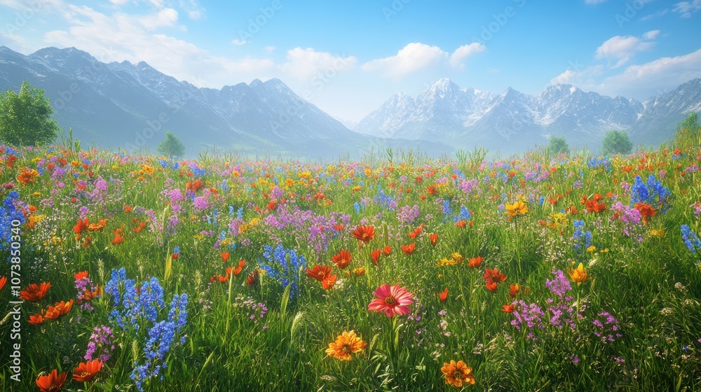 A vibrant field of wildflowers blossoms under a clear blue sky, framed by stunning mountain scenery. A vibrant field of wildflowers blossoms under a clear blue sky, framed by stunning mountain scenery.