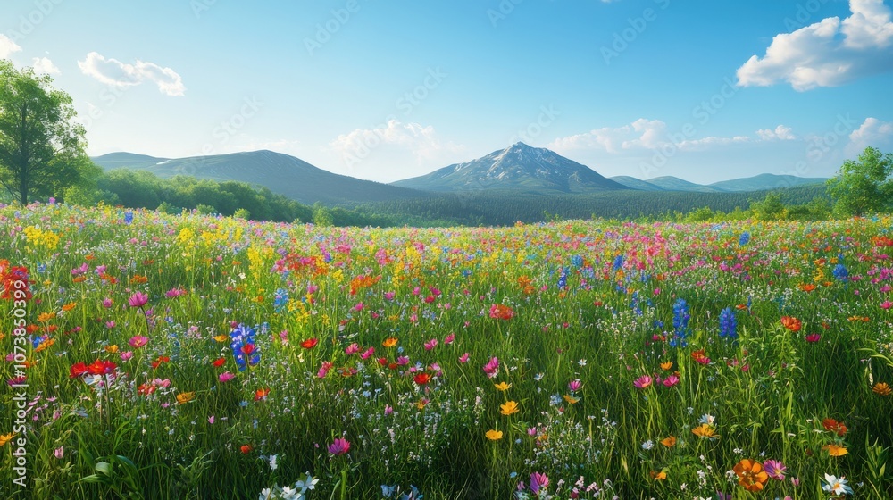 Obraz premium A vibrant landscape of wildflowers in a lush green meadow under a clear blue sky.