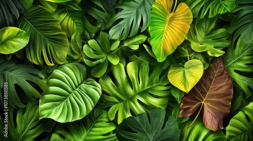 A vibrant arrangement of lush green leaves with varying shapes and textures, creating a tropical ambiance.