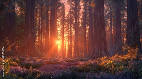 A serene sunset casts warm hues through tall trees in a lush forest, creating a tranquil and magical atmosphere.