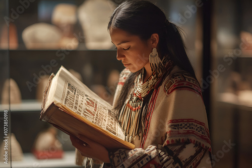 Native American woman reading an ancient manuscript in a museum exhibit photo