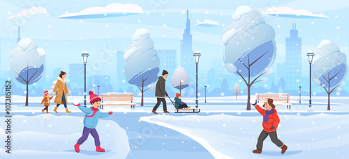 A cheerful winter park scene featuring children playing and adults walking, in a snowy city background. Vector illustration