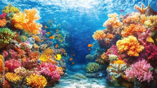 Vibrant coral reef filled with colorful corals and tropical fish underwater, showcasing a stunning marine ecosystem.