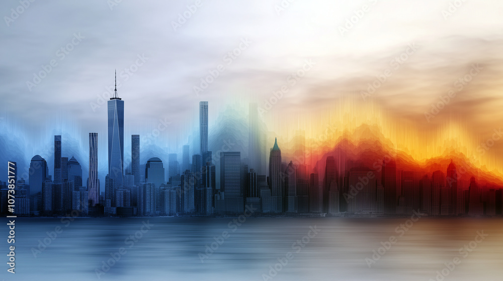 Fototapeta premium Temperature Graph Overlay in Cityscape with Dramatic Lighting