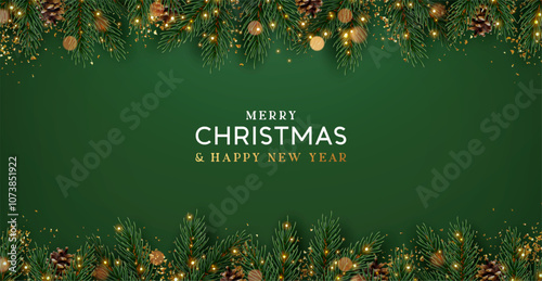 Christmas decoration border with fir branches and golden glitter confetti and sparkles of lights blur bokeh on green background. Bright Christmas and New Year design holiday frame. Vector illustration