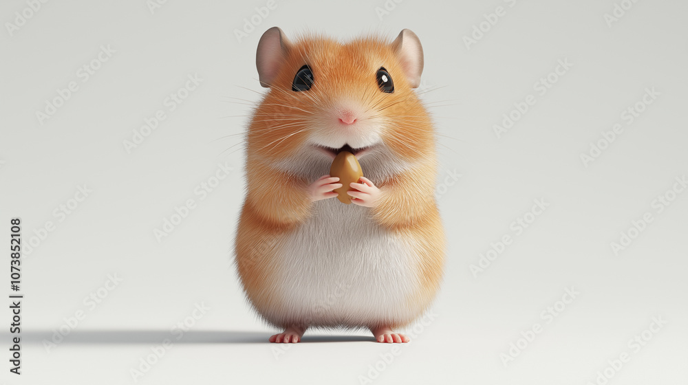 A lifelike 3D render of a tiny hamster holding a sunflower seed, standing on its hind legs, on a white background A lifelike 3D render of a tiny hamster holding a sunflower seed, standing on its hind legs, on a white background