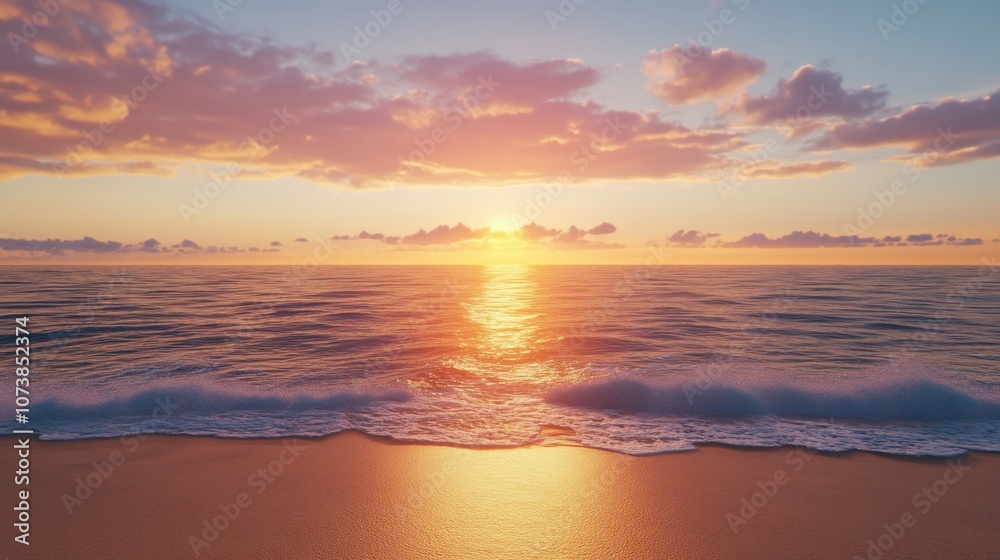 A serene sunset over calm ocean waters, casting a warm golden glow on the sandy beach. A serene sunset over calm ocean waters, casting a warm golden glow on the sandy beach.