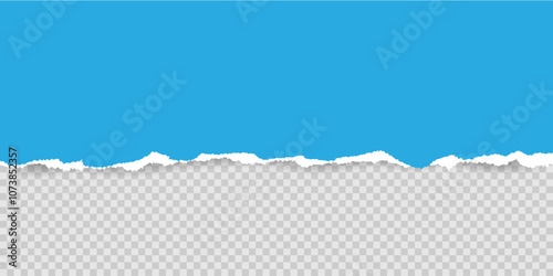 Realistic Torn blue paper Sheet with shadow on transparent background. Ripped edge texture. Copy space. Modern Template for Banner header Poster Business Design. Vector illustration