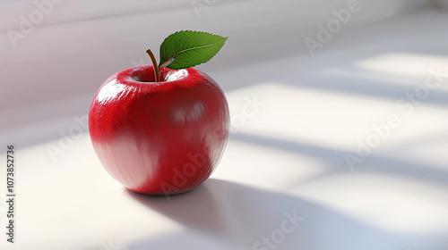 A lifelike 3D render of a shiny red apple with a single green leaf, lying on a white background photo