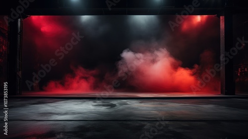Empty dark stage, neon lights and spotlights. A concrete floor and a smoke-filled studio room raise the texture of the interior for product demos