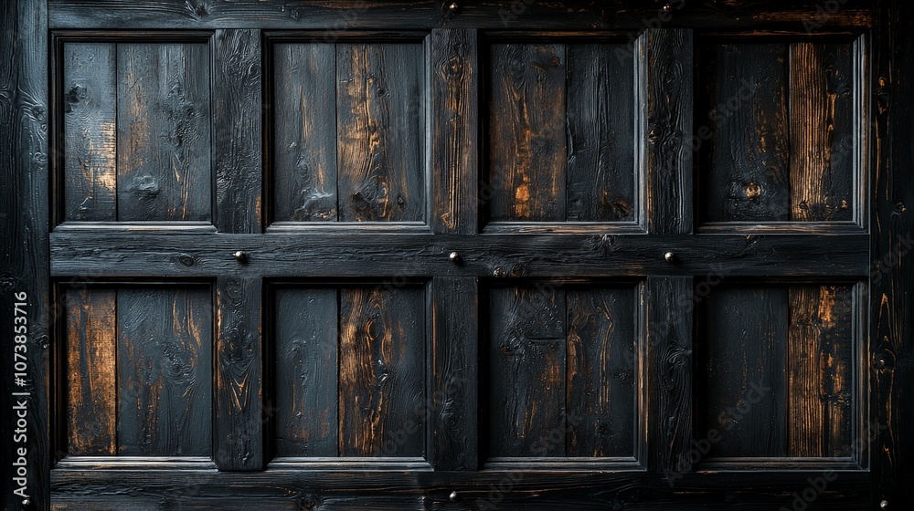 A textured black wooden panel with eight rectangular sections, showcasing a rustic design. A textured black wooden panel with eight rectangular sections, showcasing a rustic design.